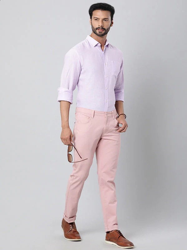 Indian Terrain Men's Slim Fit Solid Pink Trousers